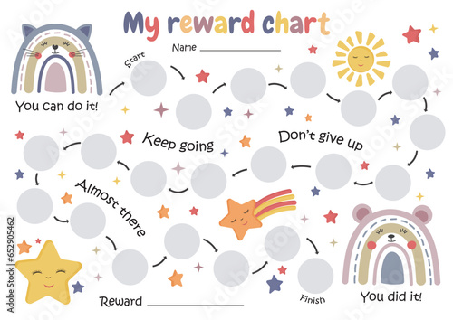 Printable rainbow reward chart. Chore chart for toddler. Sticker reward chart. Behavior for kids. Reward and achievement. Potty training chart.