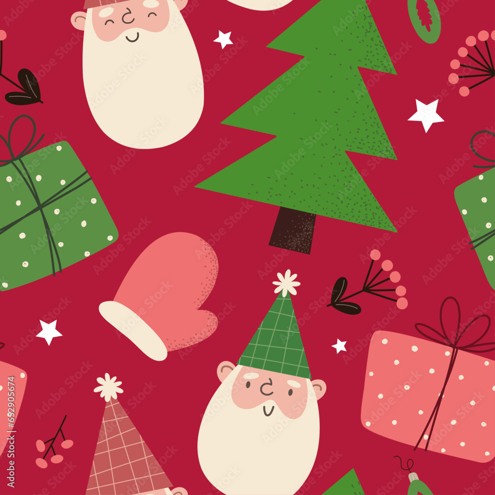 Fototapeta premium Seamless Christmas pattern with cartoon characters and gifts. Vector illustration in flat style.