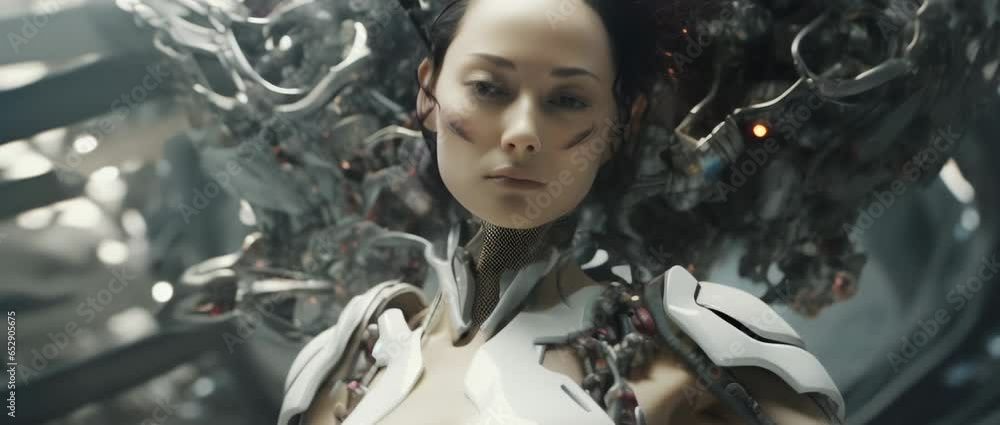 Portrait of cyborg girl connected to network in laboratory. Anamorphic 4k footage Portrait of cyborg girl connected to network in laboratory. Anamorphic 4k footage