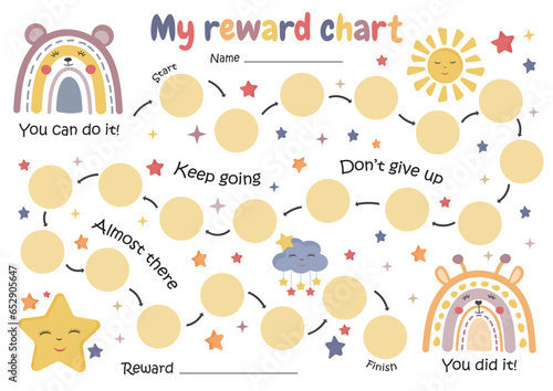 Printable rainbows reward chart, toddler potty chart, kids behavior chart. Sticker chart for children. Reward system. Toddler Routine.