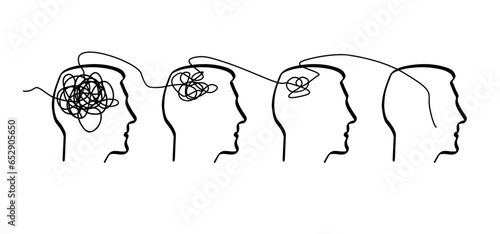 Cartoon brainstorming and mental problem solving, psychotherapy Concept. Complete and total confusion or lack of order. Brains with tangled knot and order in one man's head. Scribbles. Chaos path.