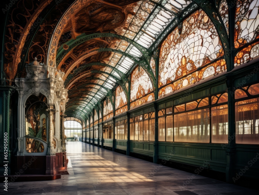 A beautifully preserved Art Nouveau train station with elegant ironwork, stained glass windows, and organic design elements