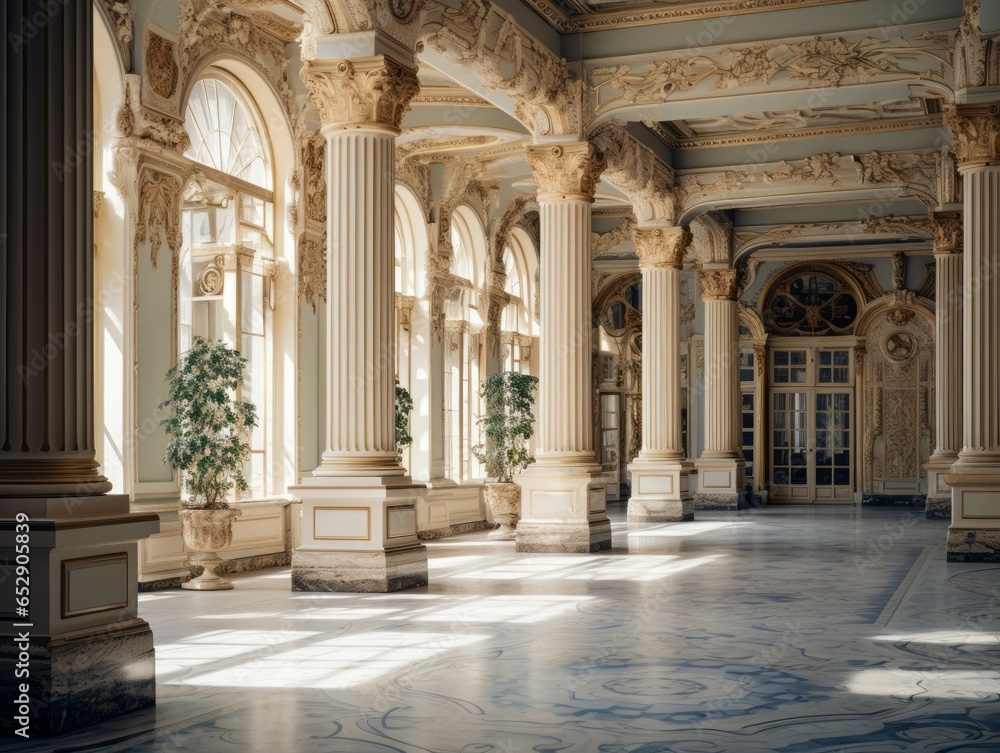 Fototapeta premium An Ornate Neoclassical Interior with Delicate Moldings, Stately Columns, and a Beautifully Painted Ceiling