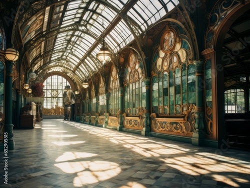 Discover the charm of an Art Nouveau train station, adorned with stained glass windows and vintage trains