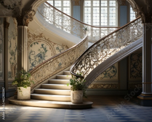 A Captivating Art Nouveau Staircase: Graceful Curves and Intricate Floral Patterns