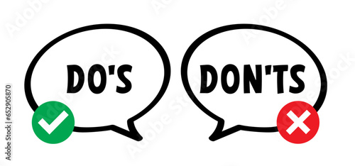 Emoticon sign. do's en don'ts or do and don't, check mark. Compliments, Vector do and dont checklist, okey, yes, like hand thumb up or thumbs down. Unlike or dislike compliment. Good finger.