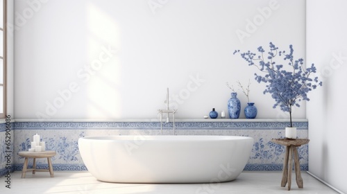 A white bath tub sitting in a bathroom next to a window