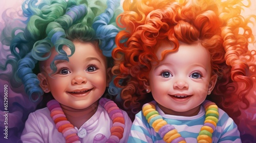 A painting of two children with curly hair