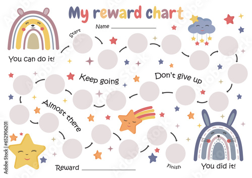 Printable rainbow reward chart. Chore chart for toddler. Sticker reward chart. Behavior for kids. Reward and achievement. Potty training chart.