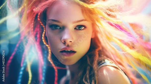 A young woman with colorful hair and piercings