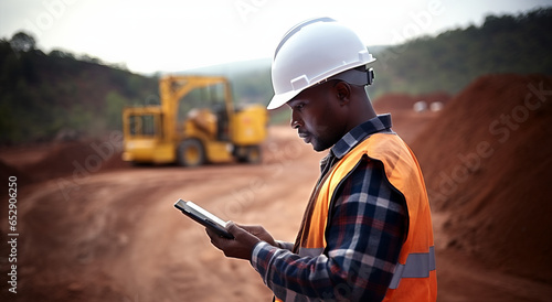 Young black african road construction worker with digital tablet on road construction site