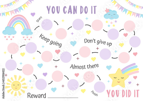 Printable rainbow reward chart for little girl princess. Sticker behavior chart, chore chart for kids. Toddler routine chart. Potty training. Toddler routine.