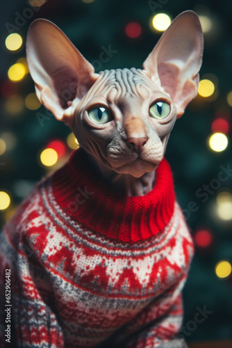 Sphynx cat in red holiday sweater against Christmas background. © NikonLamp