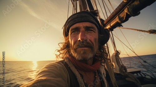 A man with long hair and a beard on a boat