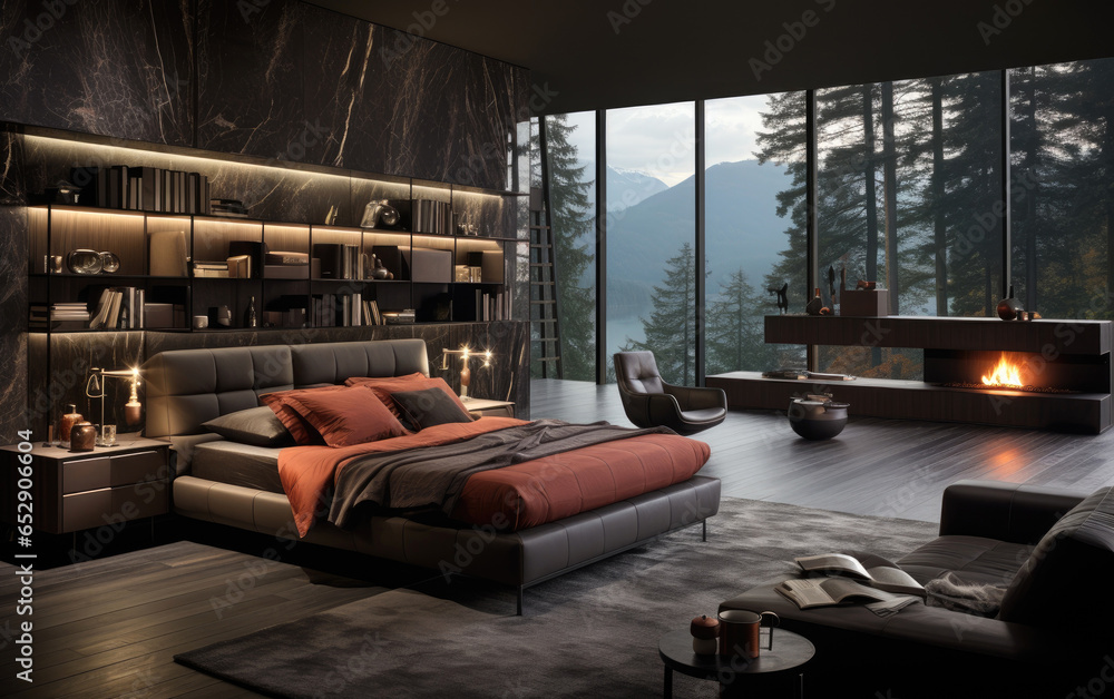Luxury bedroom featuring dark gray and black accents. Generative AI