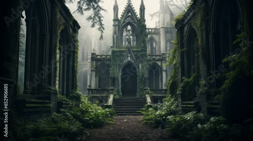 Abandoned Gothic Mansion Shrouded in Eerie Mist photo