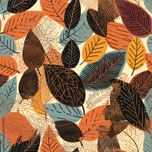 Autumn leaves seamless pattern. Leaf silhouettes with doodle, grunge, scribble textures. Vector illustration  