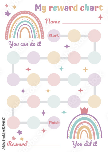 Printable rainbow reward chart for little girl princess. Sticker behavior chart, chore chart for kids. Toddler routine chart. Potty training. Toddler routine.