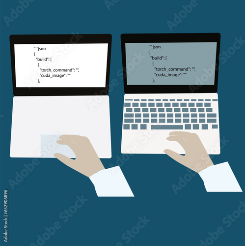 At a tabletop laptop keyboard, hands are occupied; a blank monitor screen working from home. Illustration in vector format EPS 10