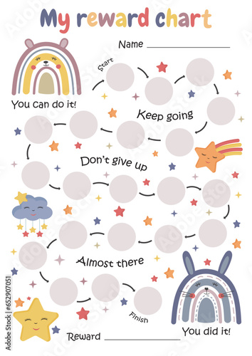 Printable rainbows reward chart, toddler potty chart, kids behavior chart. Sticker chart for children. Reward system. Toddler development and activities.