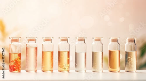 Banner serum in petri dishes on light beige background cosmetic research concept