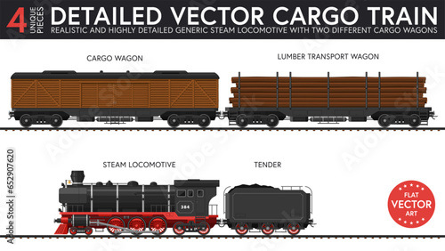 Highly detailed flat vector illustration of a set of generic cargo train parts with late steam era style. 4 unique pieces of equipment. Graphical resources.