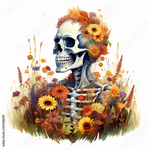 szkielet ludzki w kolorowych kwiatach.