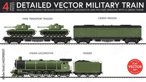 Highly detailed flat vector illustration of a set of generic military transport train parts with late steam era style. 4 unique pieces of equipment. Graphical resources.
