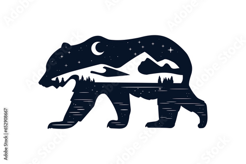 Silhouette of a wild bear with landscape, vector illustration