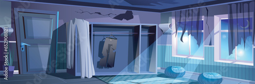 Abandoned dark room background banner in flat cartoon design. Night apartment interior poster with moonlight windows, curtain scraps, hole and cracks on dirty wall, old wardrobe. Vector illustration