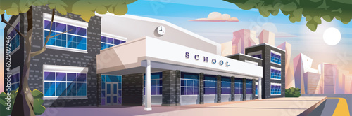 School facade background banner in flat cartoon design. College, academy or university exterior poster in modern architecture. Building with entrance and windows by city road. Vector illustration