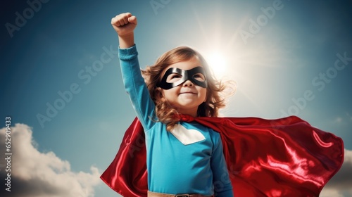 Cute little girl in superhero suit standing on blue sky background. Girl power concept. Dreaming of future. photo