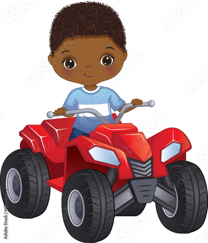 Vector Cartoon Afro Boy Riding Quad Bike