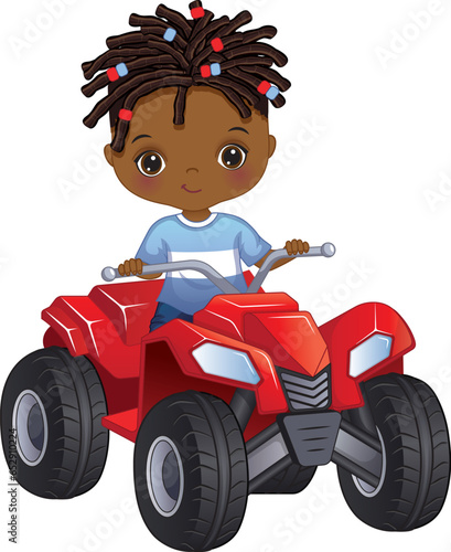 Vector Cartoon Afro Boy Riding Quad Bike