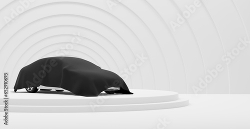 Unrevealed upcoming car cover in black silk showroom, clean white studio warehouse shop interior, new electric vehicle stage exhibition 3d rendering