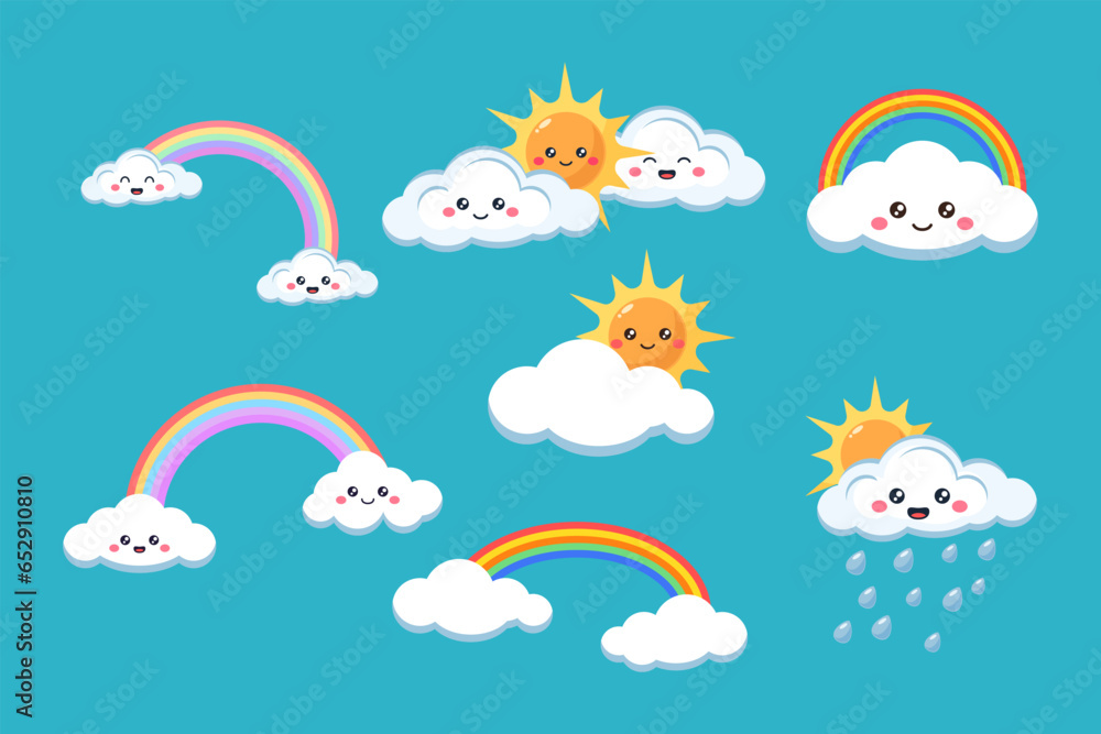 Set of clouds sun and rainbow cartoon flat illustration Set of clouds sun and rainbow cartoon flat illustration