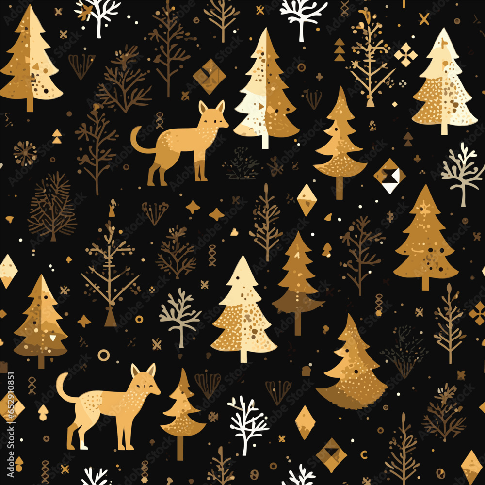 Christmas gold pattern. Seamless background with foxes and christmas trees. Celebration design for paper, cover, fabric, interior decor and other. Christmas gold pattern. Seamless background with foxes and christmas trees. Celebration design for paper, cover, fabric, interior decor and other.