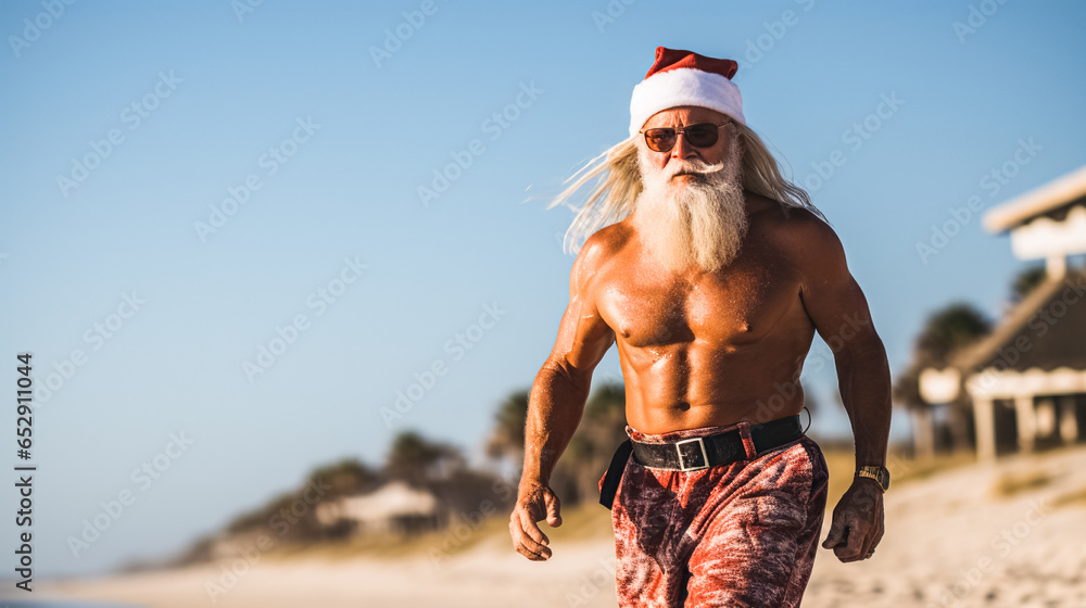 A handsome modern tanned man in Santa Claus costume walks along seashore on beach. Winter holidays New Year, Christmas - obrazy, fototapety, plakaty 