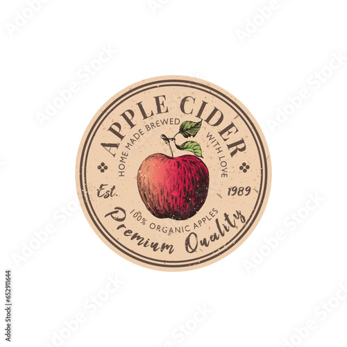 Vintage emblem for apple cider with hand drawn apple fruit illustration. Sticker template