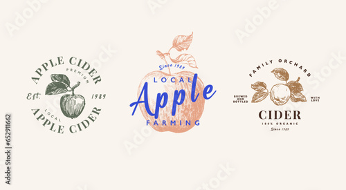 Apple cider logo template set, apple juice products emblem. Hand drawn apple fruits