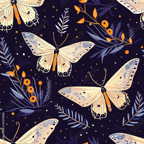 Elegant celestial seamless pattern with herbs. Boho magic background with space elements stars, butterflies. Vector doodle texture. © Qaasim