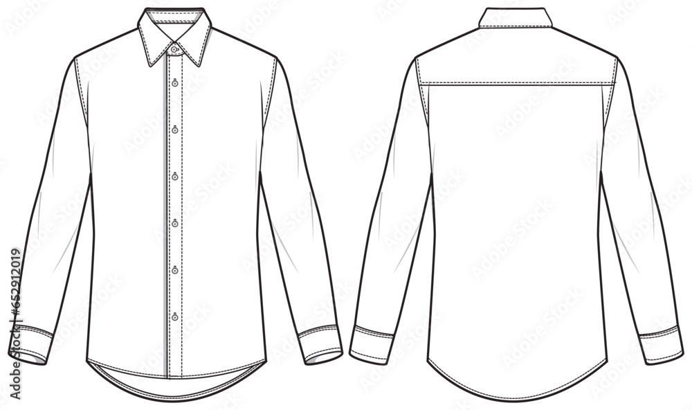 Men's long sleeves slim fit formal shirt flat sketch illustration with front and back view, Woven shirt for formal wear and casual wear fashion illustration template mock up - obrazy, fototapety, plakaty 