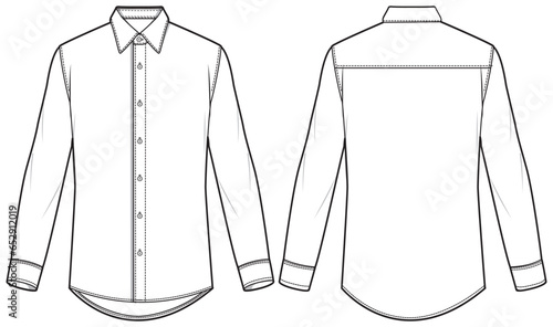 Men's long sleeves slim fit formal shirt flat sketch illustration with front and back view, Woven shirt for formal wear and casual wear fashion illustration template mock up