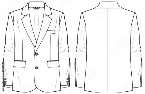 Men's notch lapel Blazer Jacket suit flat sketch fashion illustration technical drawing with front and back view. Single breast double button coat suit