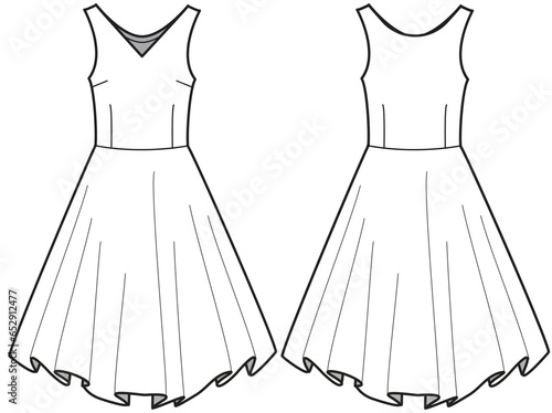 Women sleeveless fit and flared dress design flat sketch fashion illustration with front and back view, A line dress vector template