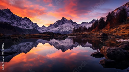 A Tranquil Lake Embraced by Mountains and a Colorful Sunset