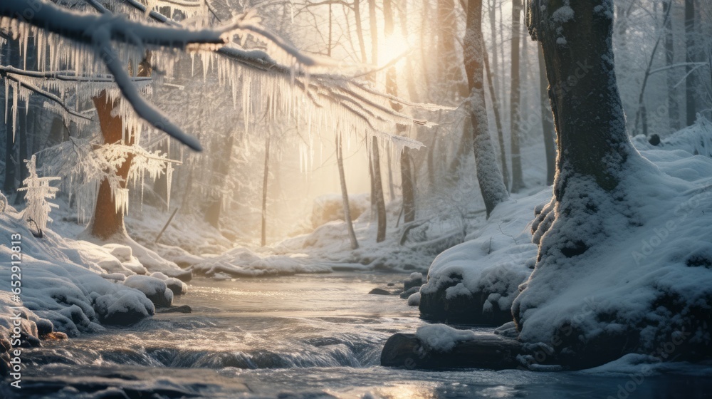 A Serene Winter Wonderland: Pristine Snowy Forest with Delicate Icicles and Soft Sunrays - obrazy, fototapety, plakaty 