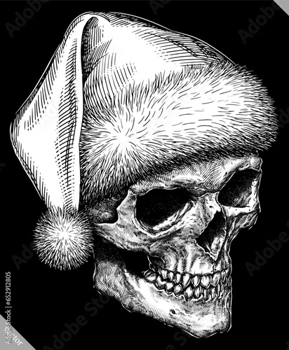 Vintage engraving isolated human skull dressed christmas illustration scull ink santa costume sketch. Cranium background silhouette skeleton new year hat art. Black and white hand drawn vector image