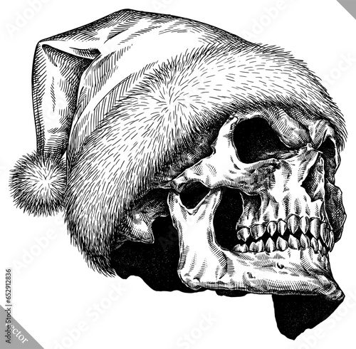 Vintage engraving isolated human skull dressed christmas illustration scull ink santa costume sketch. Cranium background silhouette skeleton new year hat art. Black and white hand drawn vector image