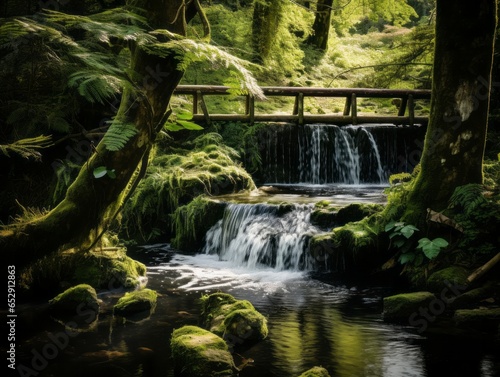 Tranquility in Nature: A Small Waterfall Flowing into a Peaceful Pond with a Picturesque Bridge